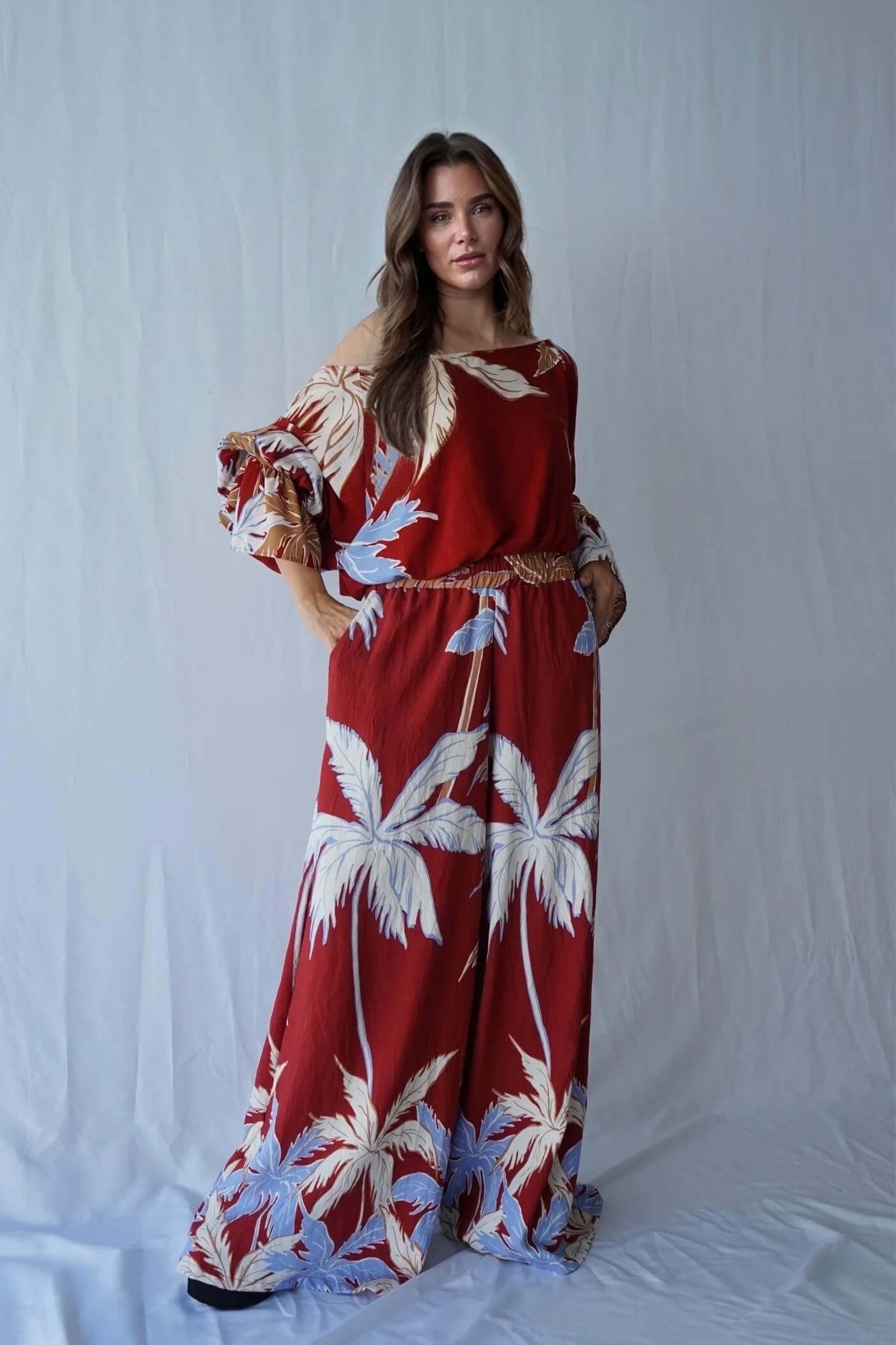 Fashion Casual Tropical Palm Tree Print Elastic Waist Wide-Leg Pants