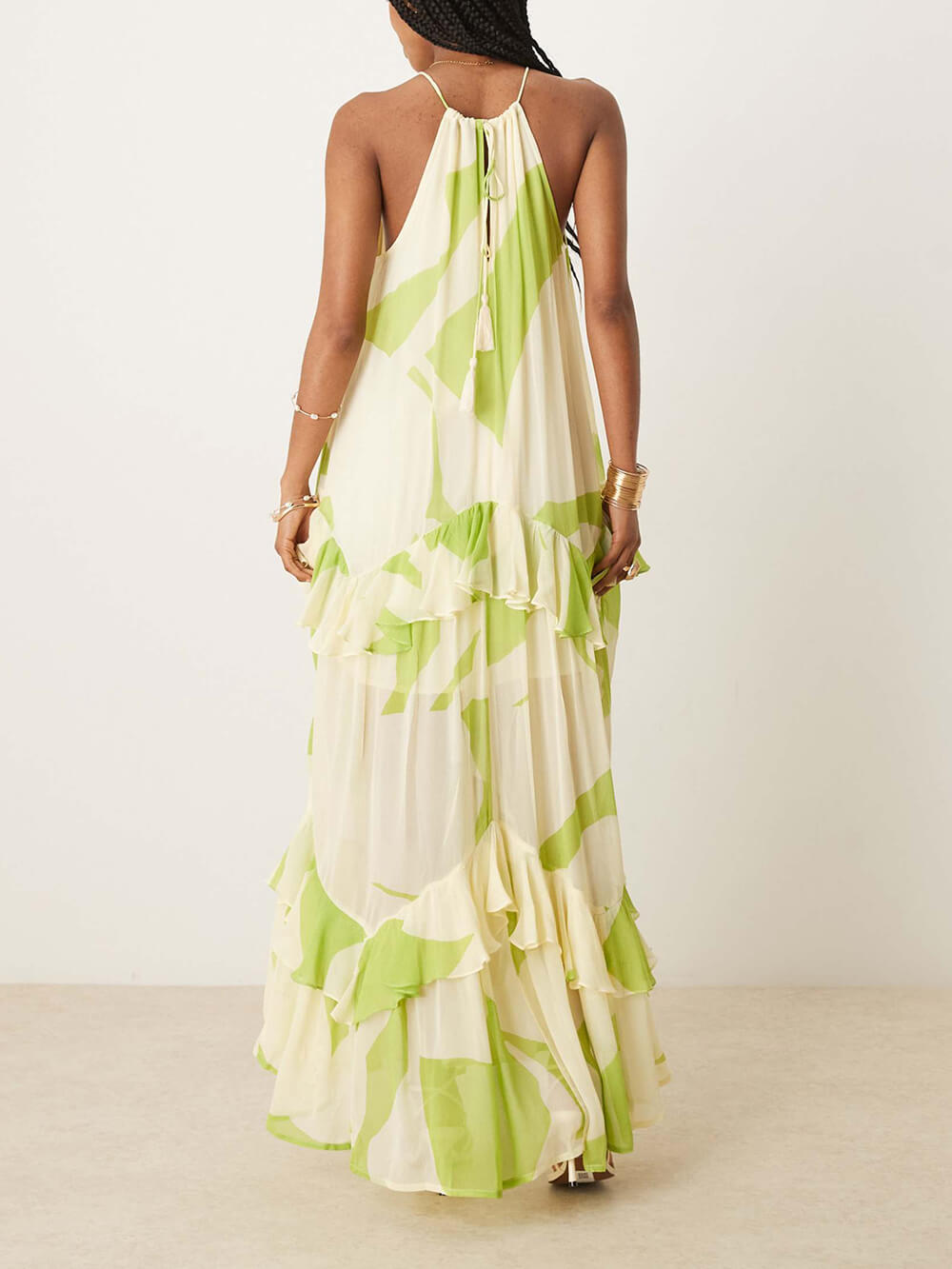 Exquisite Abstract Print Backless Tiered Ruffle Maxi Dress