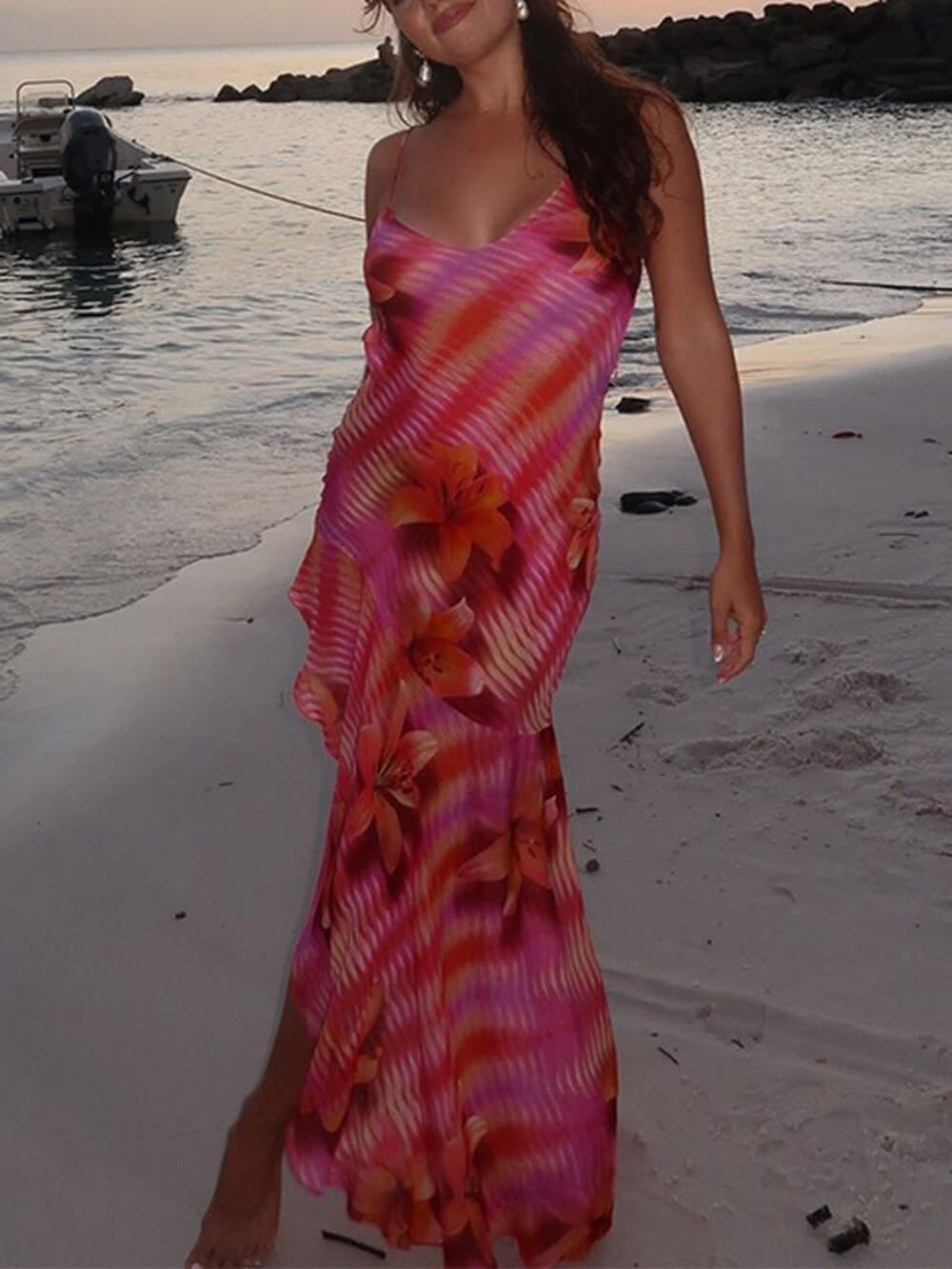 Elegant Printed Strappy Bodycon Silhouette Backless Slit Dress