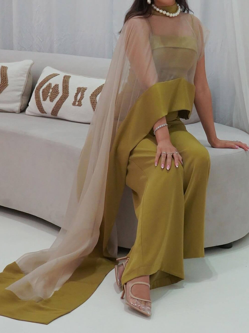 Elegant and Sexy Mesh Cape Jumpsuit Two-Piece Set