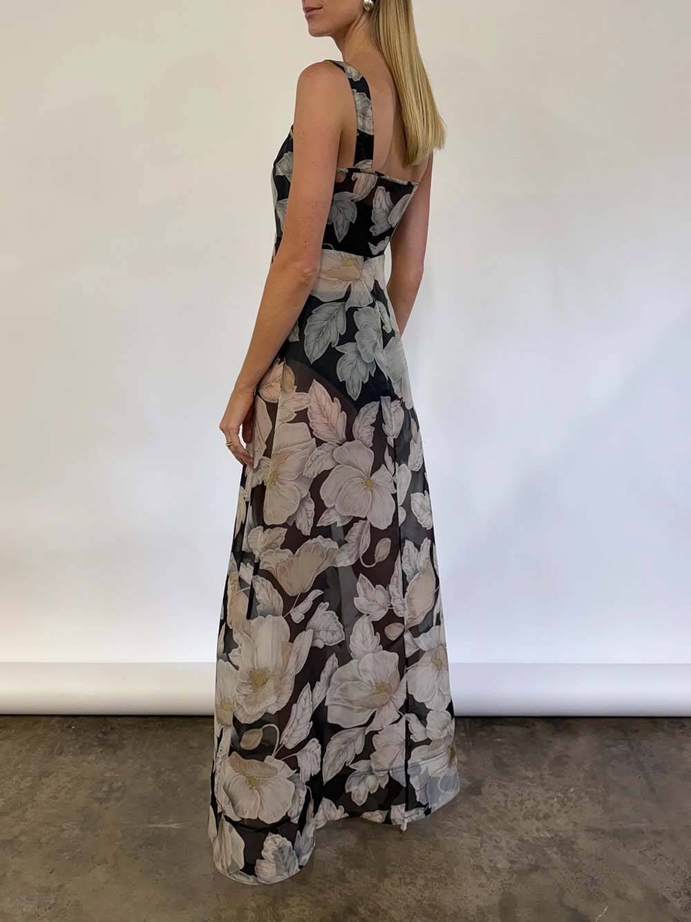 Exquisite Black Rose Print A-Line Maxi Dress