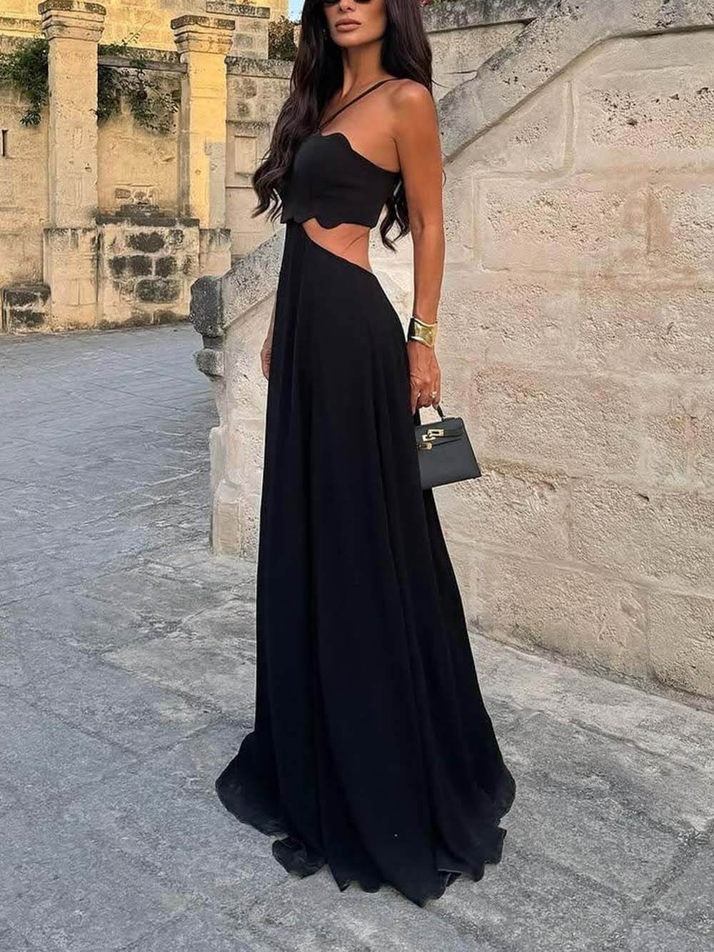 Delicate Cutout Ruffle Backless Spaghetti Strap Party Maxi Dress