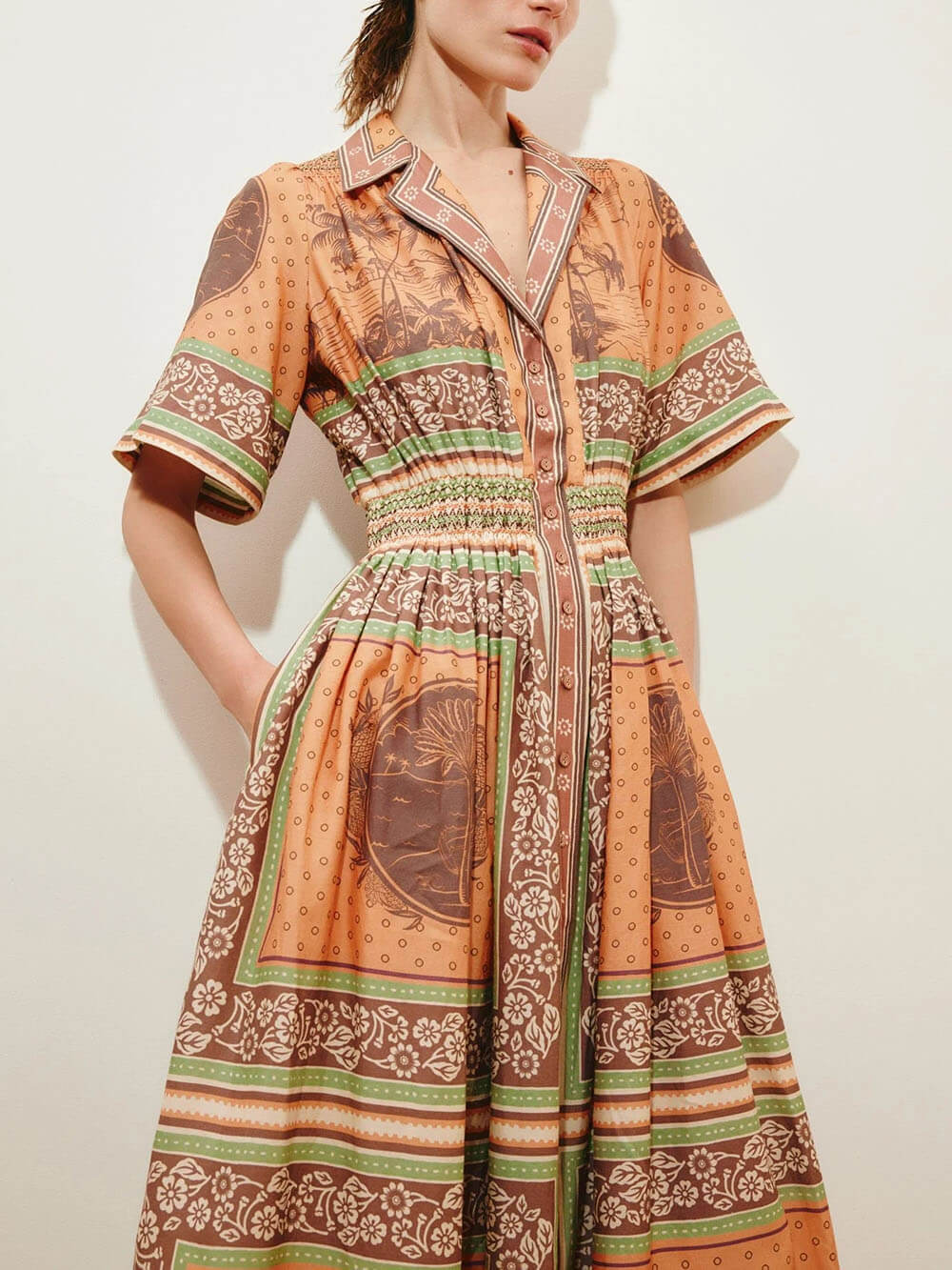 Modern Print Waist-Defined Ruched Button-Front Pocket Maxi Shirtdress