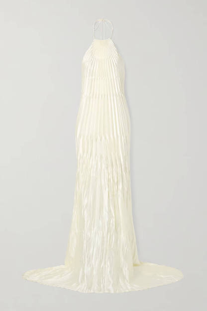 Elegant Pleated Satin Backless Maxi Dress