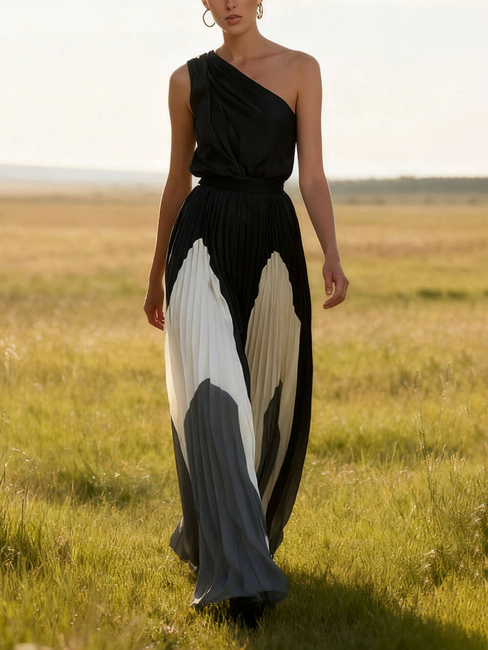 Elegant One-Shoulder Colorblock Ruched Maxi Dress
