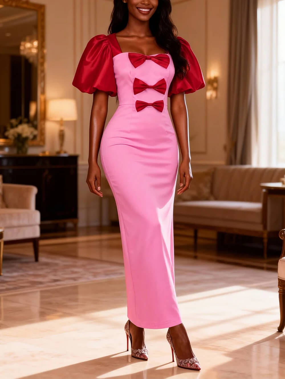 Fashion Contrasting-Color Bow-Detailed Satin Puff-Sleeve Maxi Dress