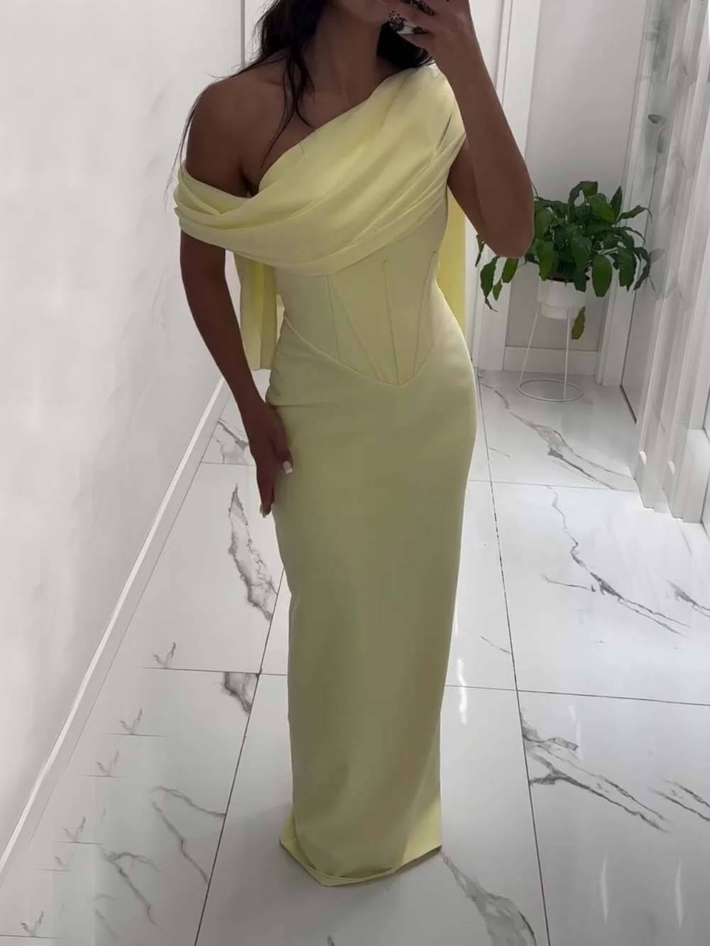 Elegant One-shoulder Draped Detail Gown Maxi Dress