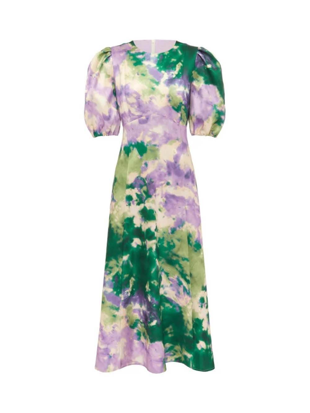 Retro Tie-Dye Puff Sleeve A-Line Maxi Dress