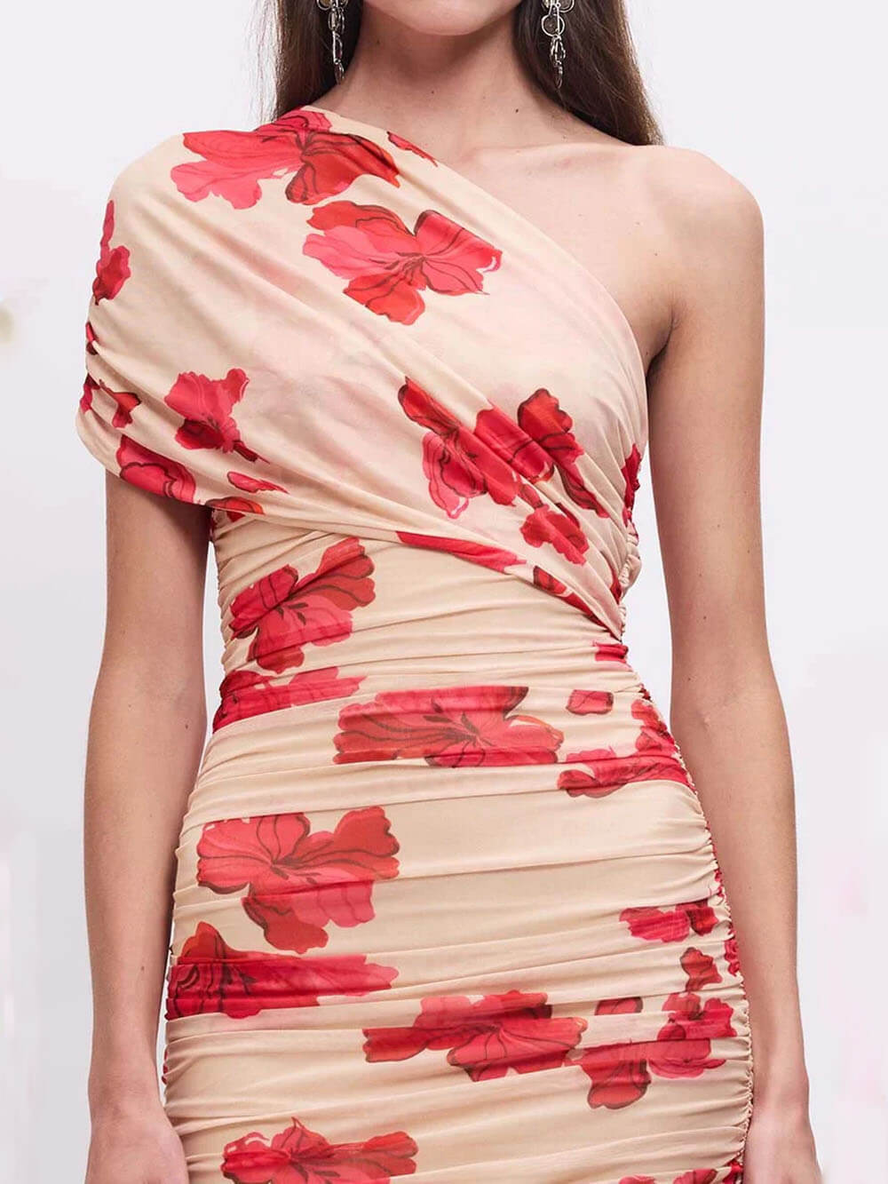 Chic Asymmetric Floral Print Mesh Mini Dress