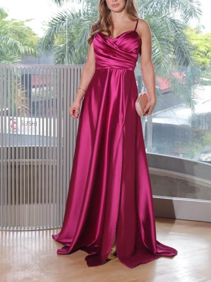 Elegant Satin Spaghetti Side Slit Strap Pleated A-Line Maxi Dress