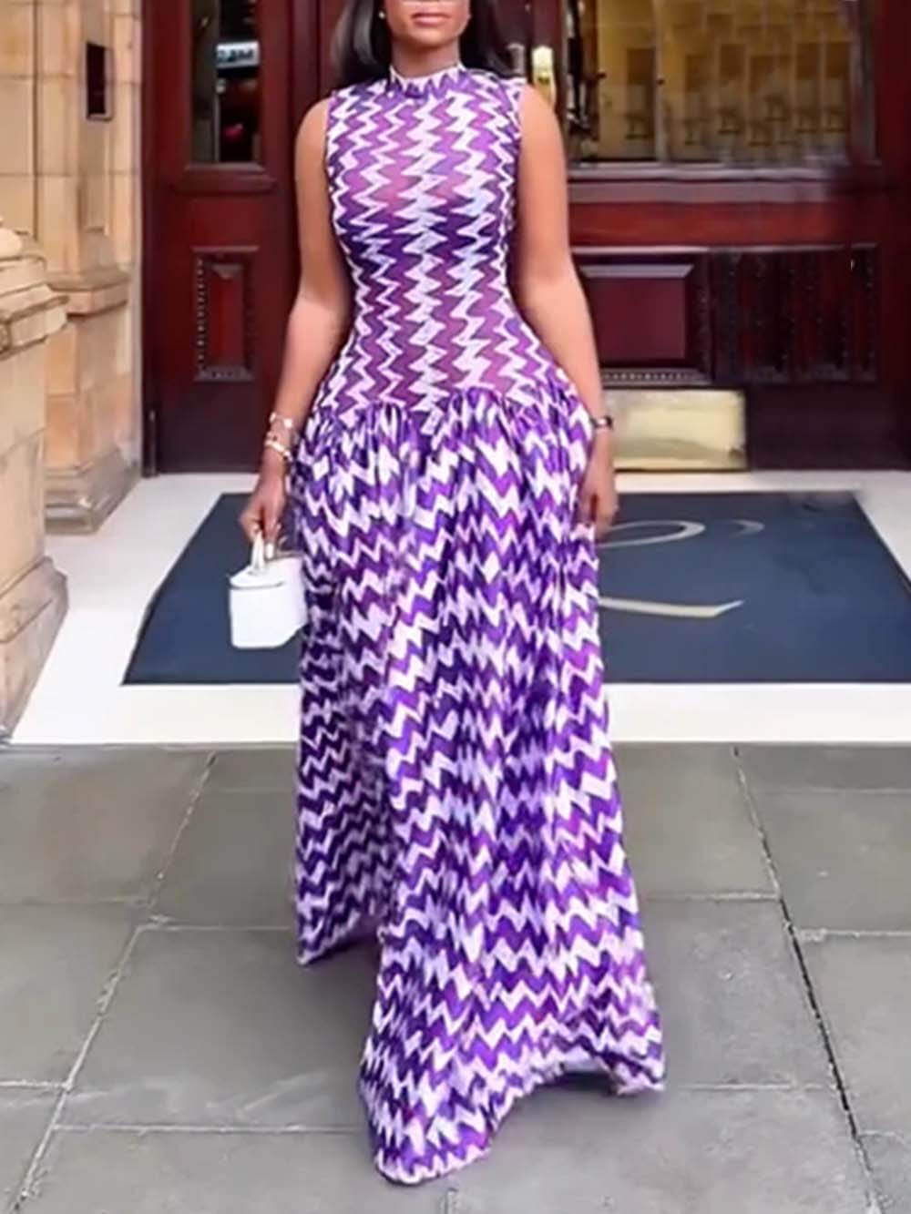 Unique Purple Zigzag Print Stretch Maxi Dress