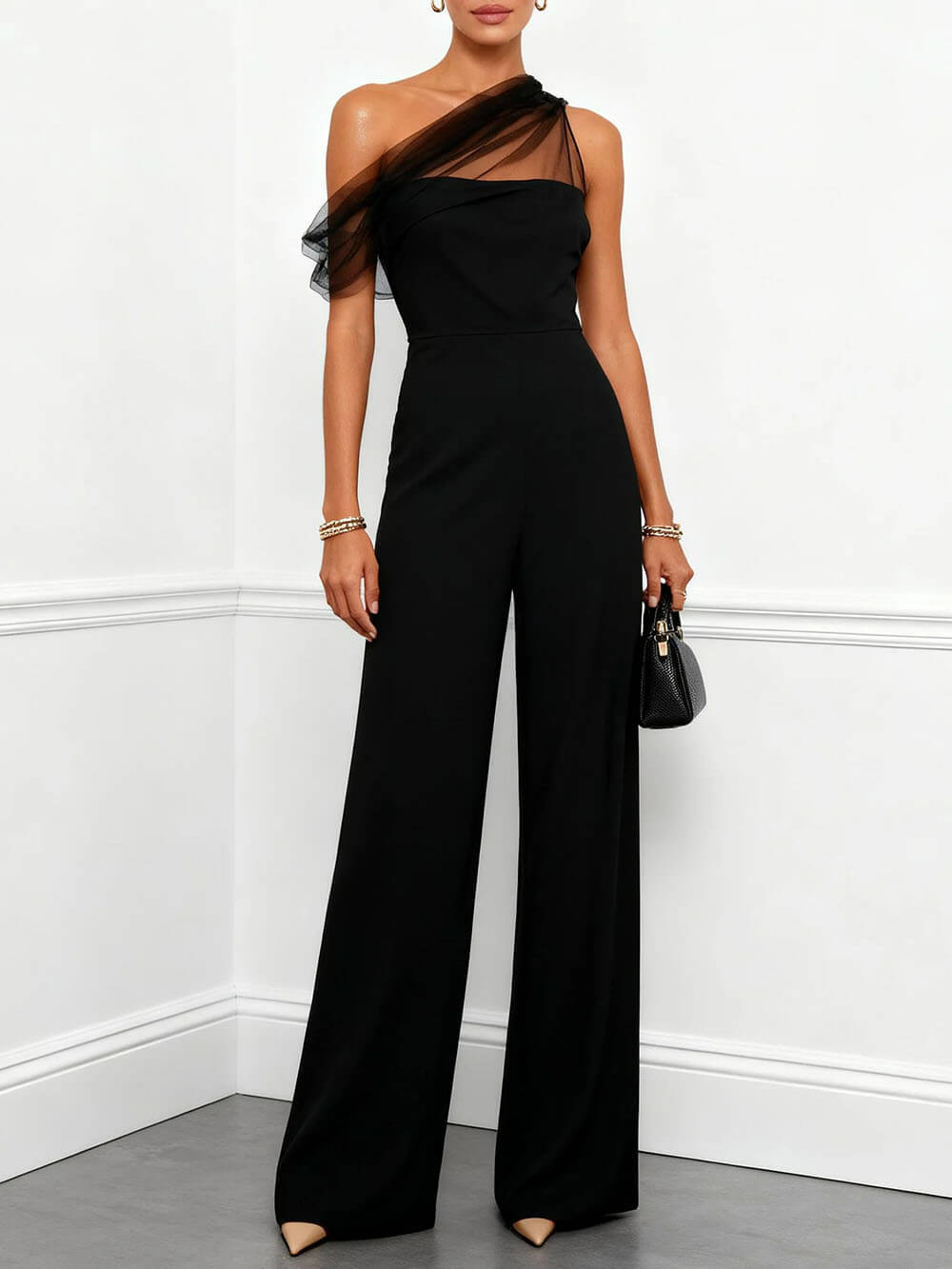 Elegant Mesh Panel One-Shoulder Jumpsuit