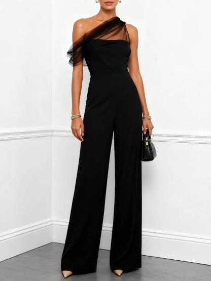 Elegant Mesh Panel One-Shoulder Jumpsuit