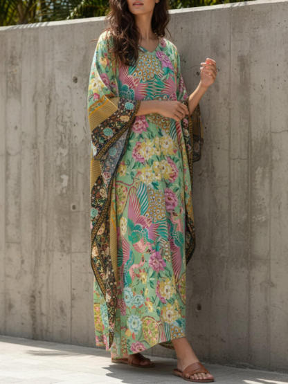 Modern Casual Peacock Print Kimono Beach Maxi Dress