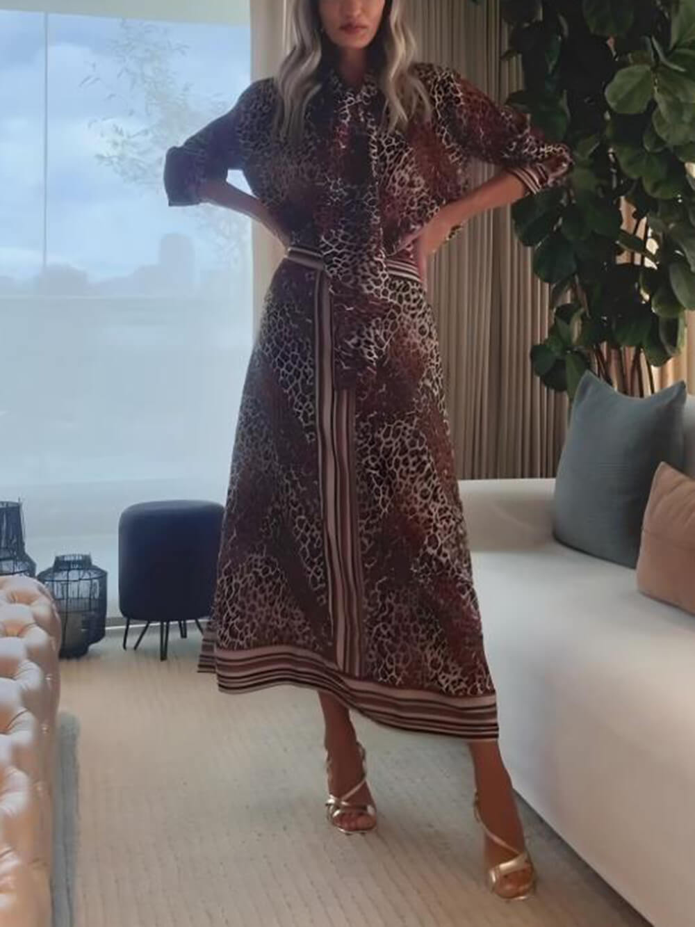 Retro Classic Leopard Print Patchwork Lace-Up Loose Shirt