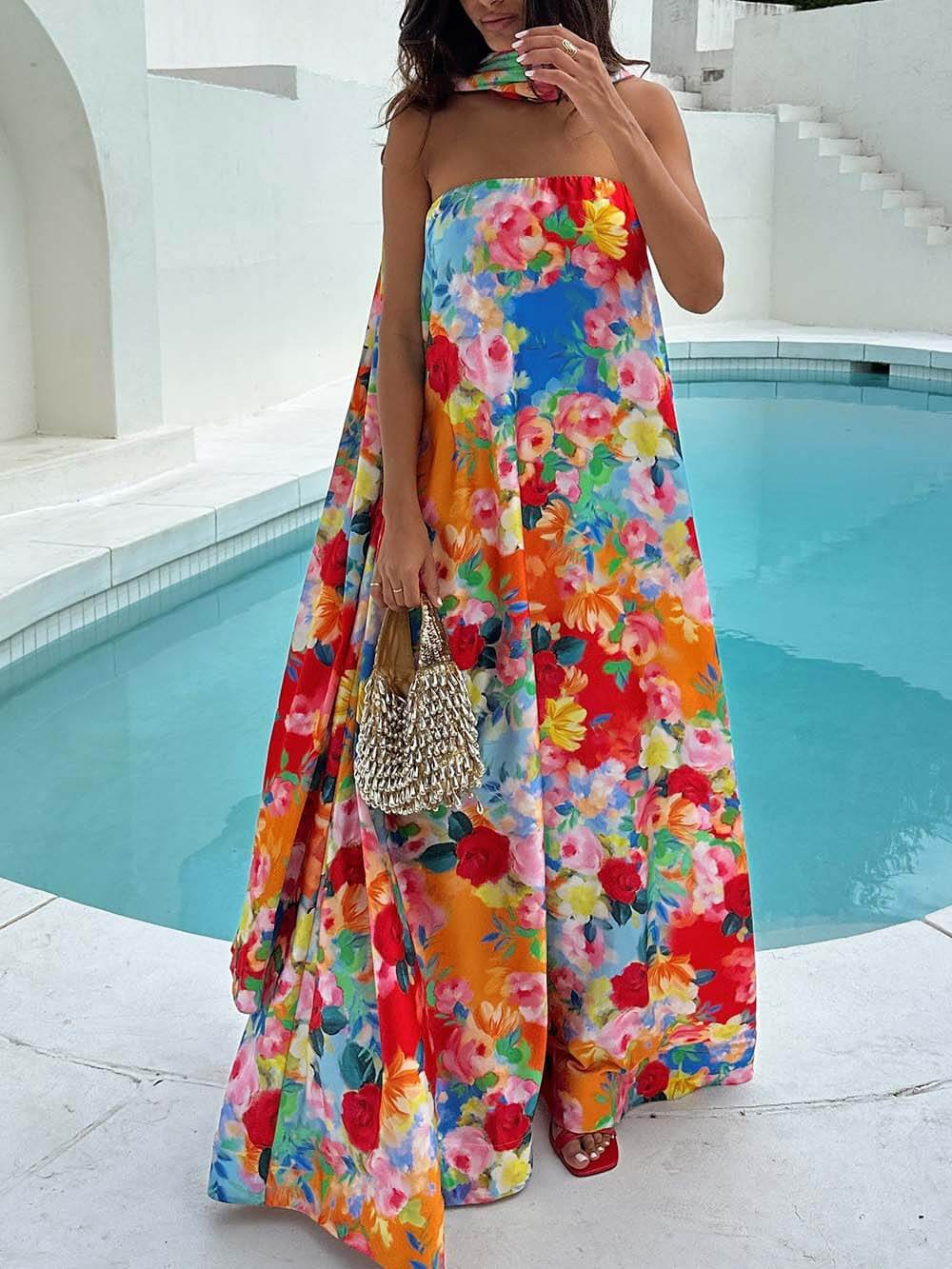 Retro Floral Print Off-Shoulder Scarf Maxi Dress