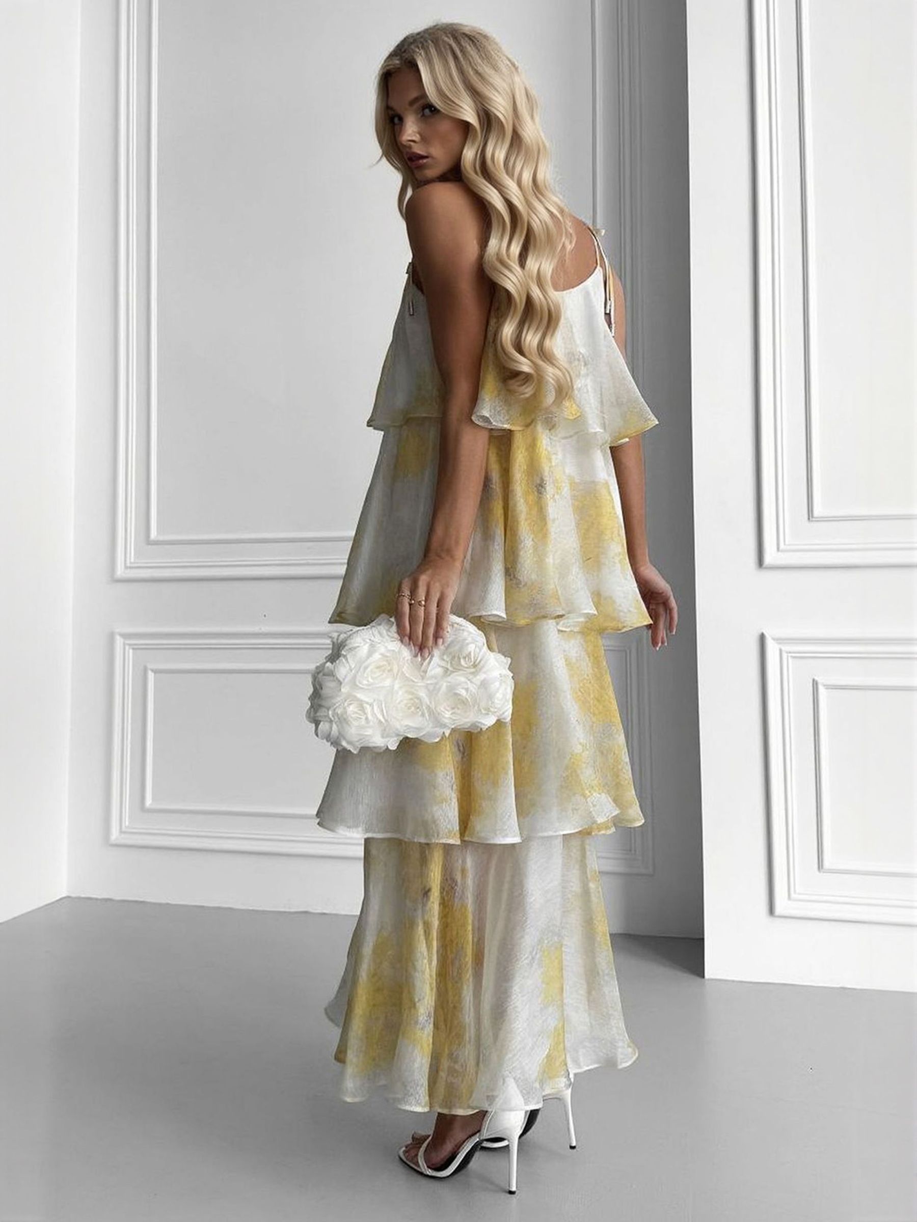 Elegant Multi-layered Ruffle Print Maxi Dress