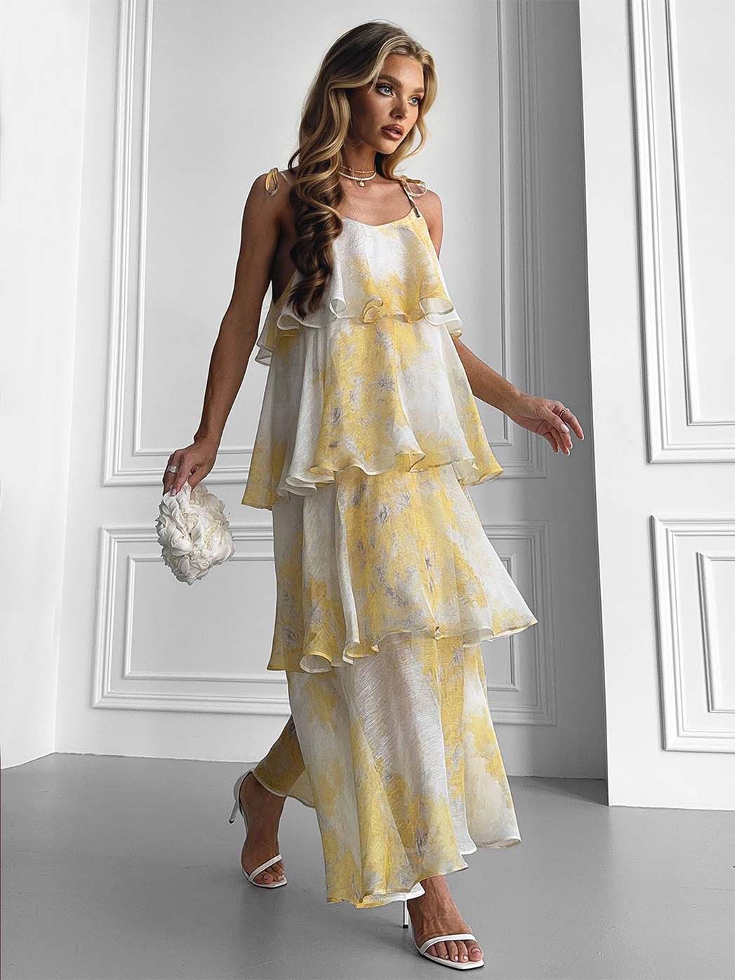 Elegant Multi-layered Ruffle Print Maxi Dress