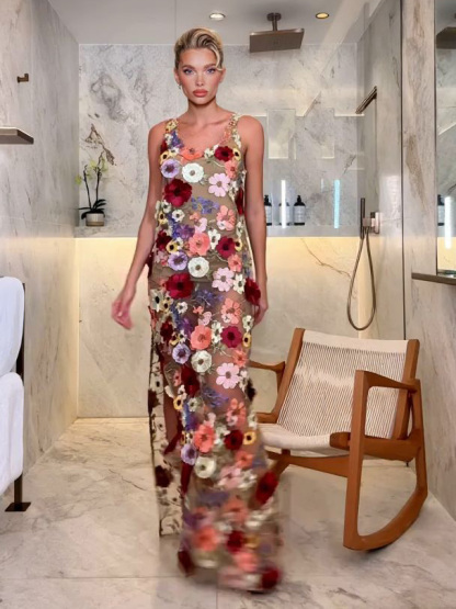 Elegant Floral Embroidered Mesh Sleeveless Maxi Dress