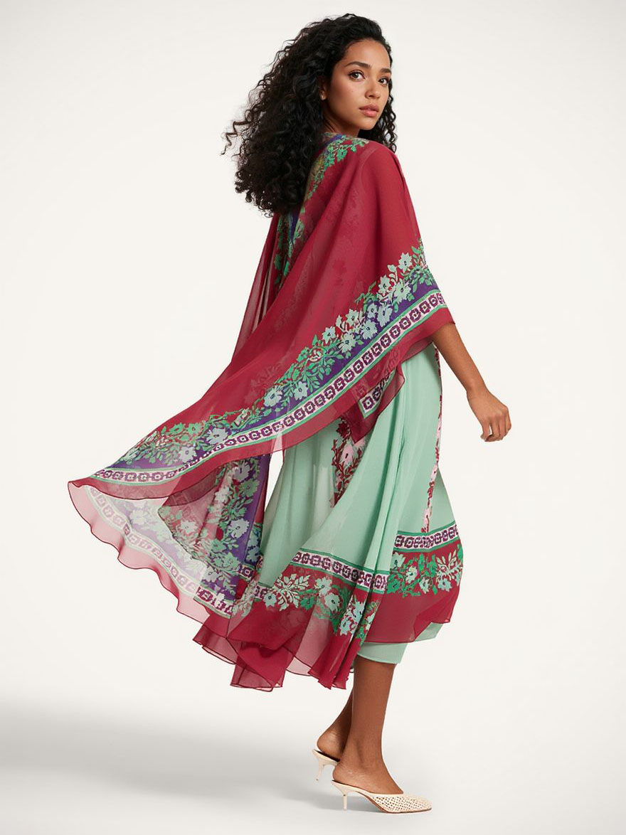 Retro Bohemian Style Floral Print Chiffon Shawl And Midi Dress