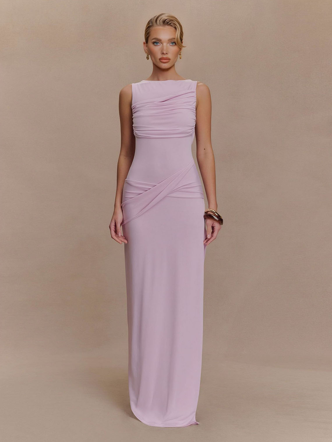 Elegant Draped Sleeveless Evening Maxi Dress