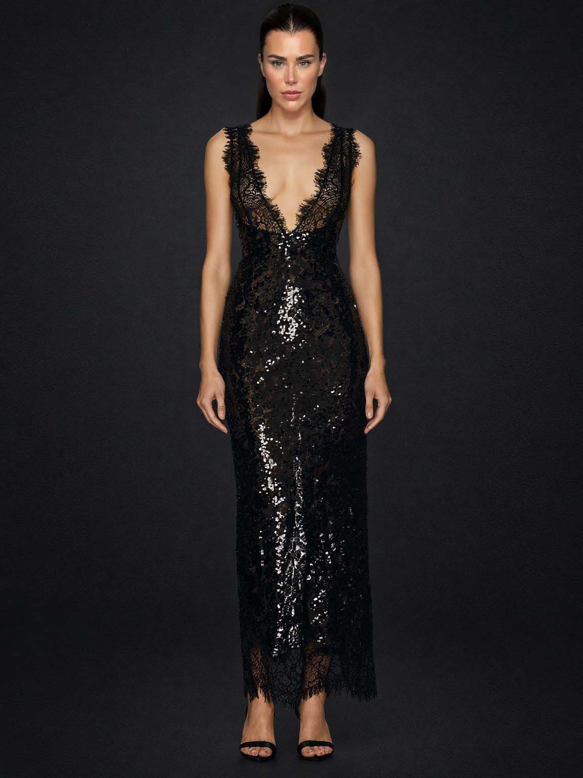 Elegant Lace-trimmed Deep V-neck Sequined Maxi Dress