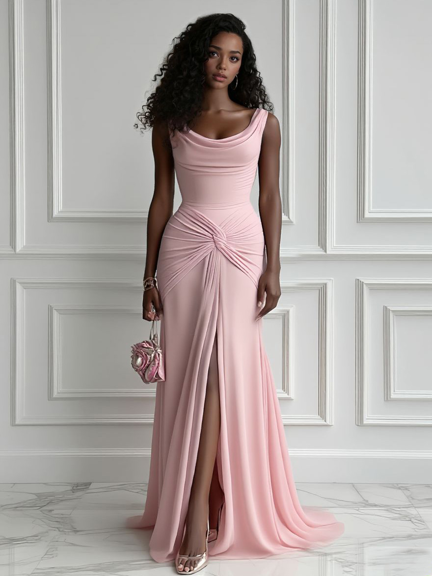 Elegant Pleated Twist-Front High-Slit Maxi Dress