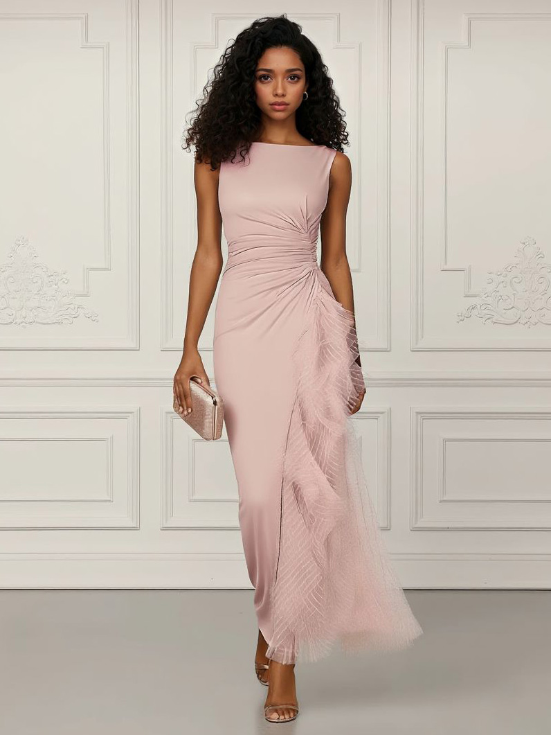 Elegant Sleeveless Asymmetrical Tulle Ruffle Maxi Dress