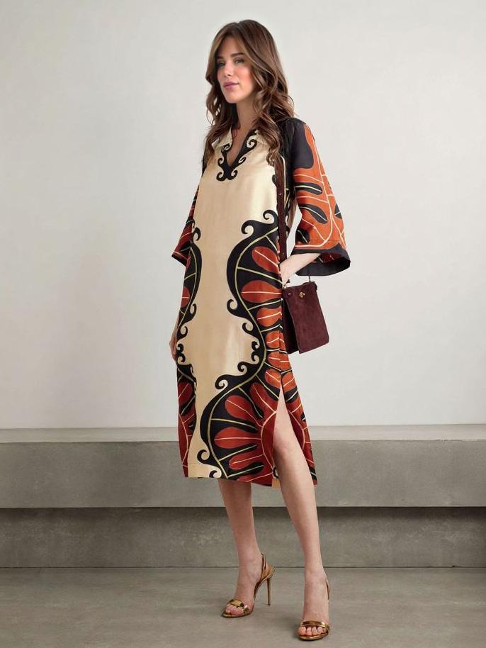 Unique Abstract Swirl Print Midi Dress