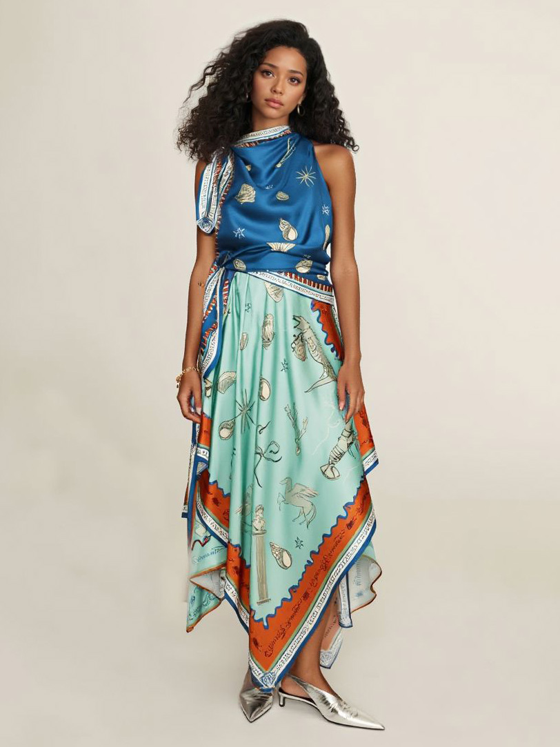 Unique Exquisite Satin Deep Sea Print Scarf Midi Dress