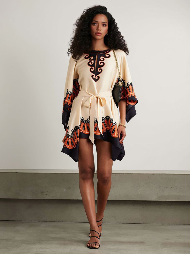 Unique Vintage Bohemian Print Lace-Up Mini Dress