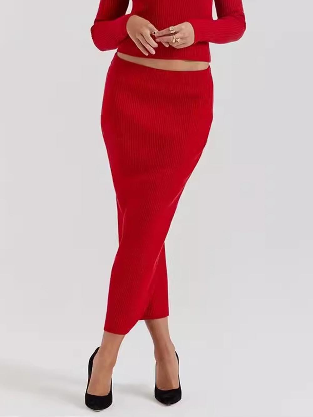 Red Knit-Blend Maxi Skirt