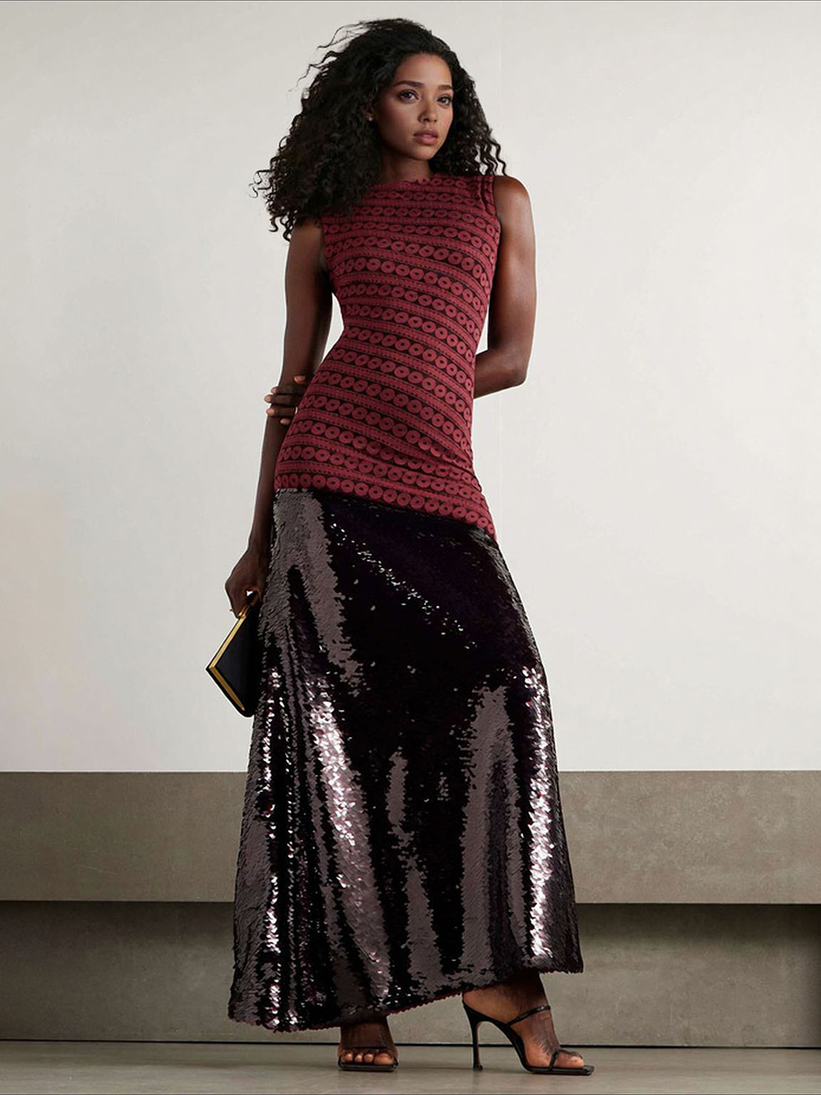 Elegant Sleeveless Lace-Panel Sequin Maxi Dress