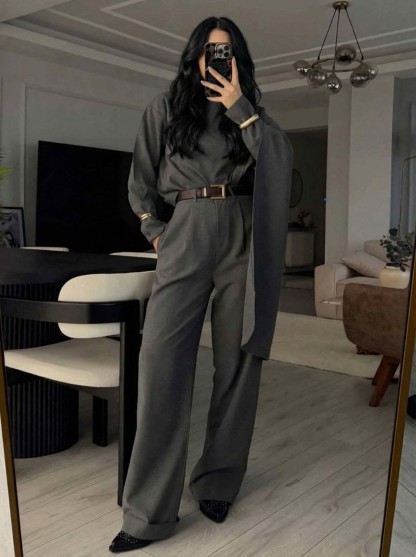Elegant Draped Shawl Shirt & Wide-Leg Pants Two-Piece Set