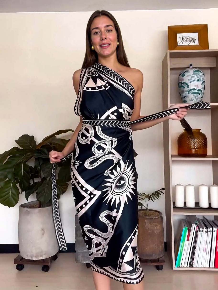 Unique Satin Print Tie-waist Midi Dress