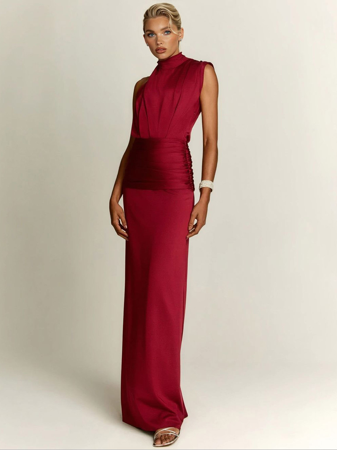 Elegant Asymmetrical Neckline Pleated Maxi Dress