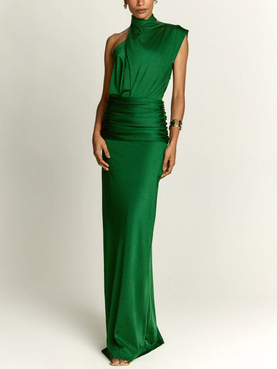 Elegant Asymmetrical Neckline Pleated Maxi Dress