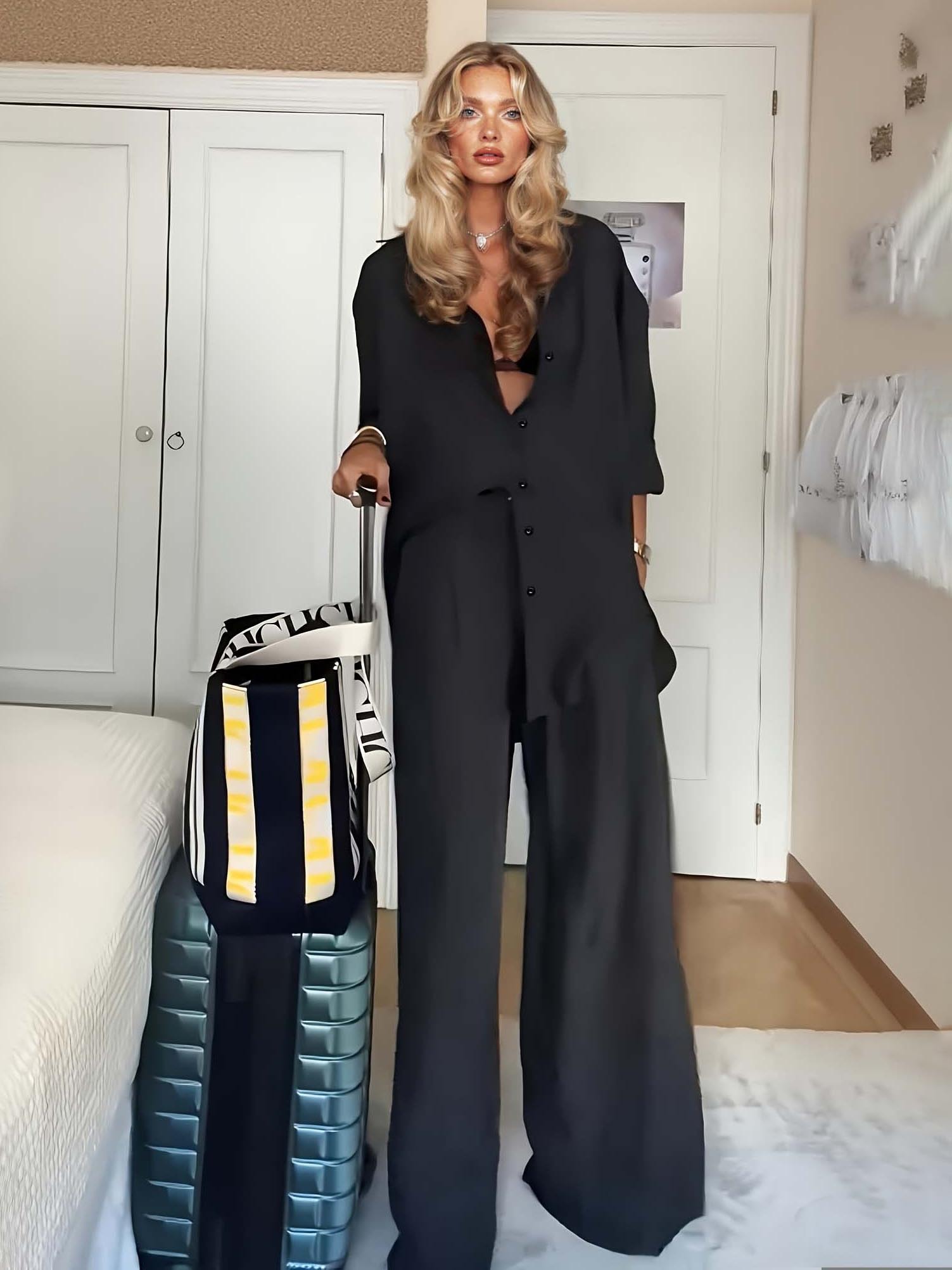 Minimalist Black Satin Shirt & Drawstring Pants Set