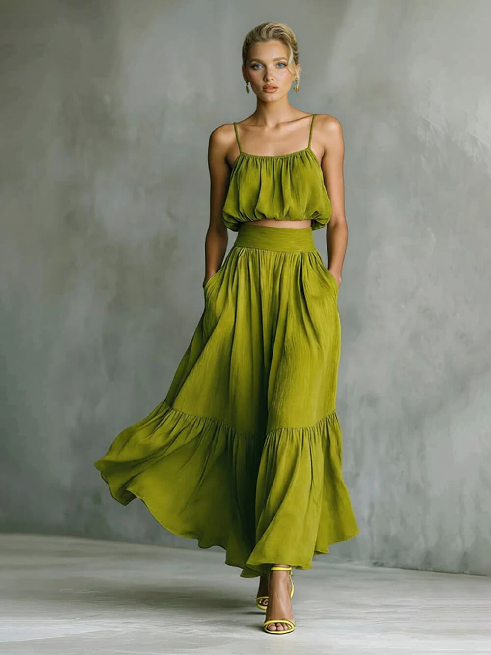 Fashion Linen Blend Bubble Slip Tank and High Rise Pocket A-line Maxi Skirt Set