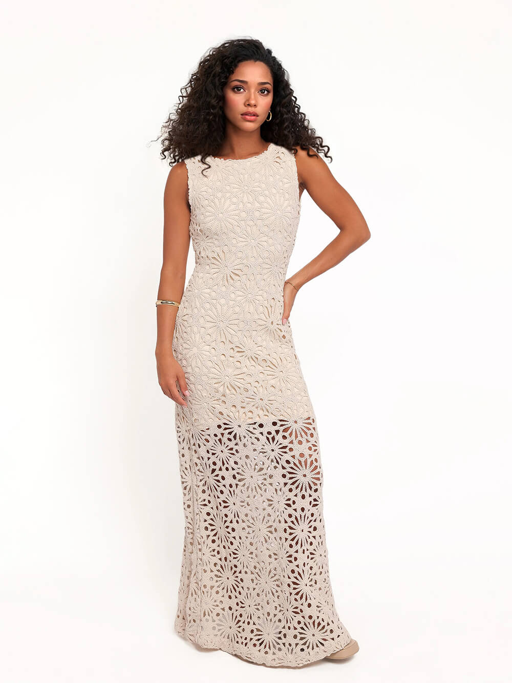 Fashion Crochet Lace Floral Pattern Backless Lace-up Vacation Maxi Dress