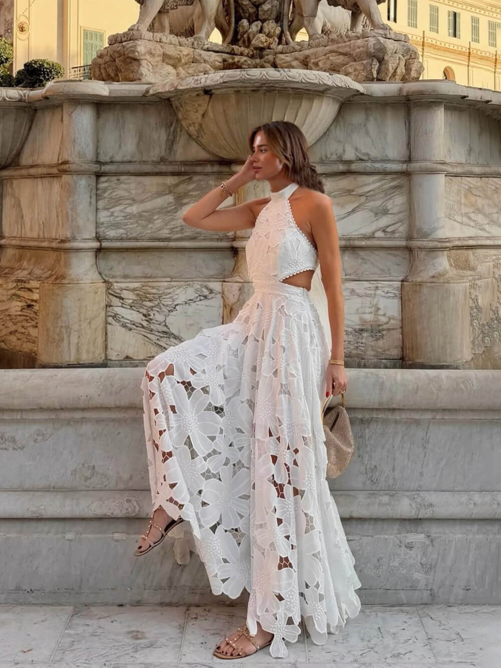 Exquisite Lace Crochet Backless Tie Maxi Dress