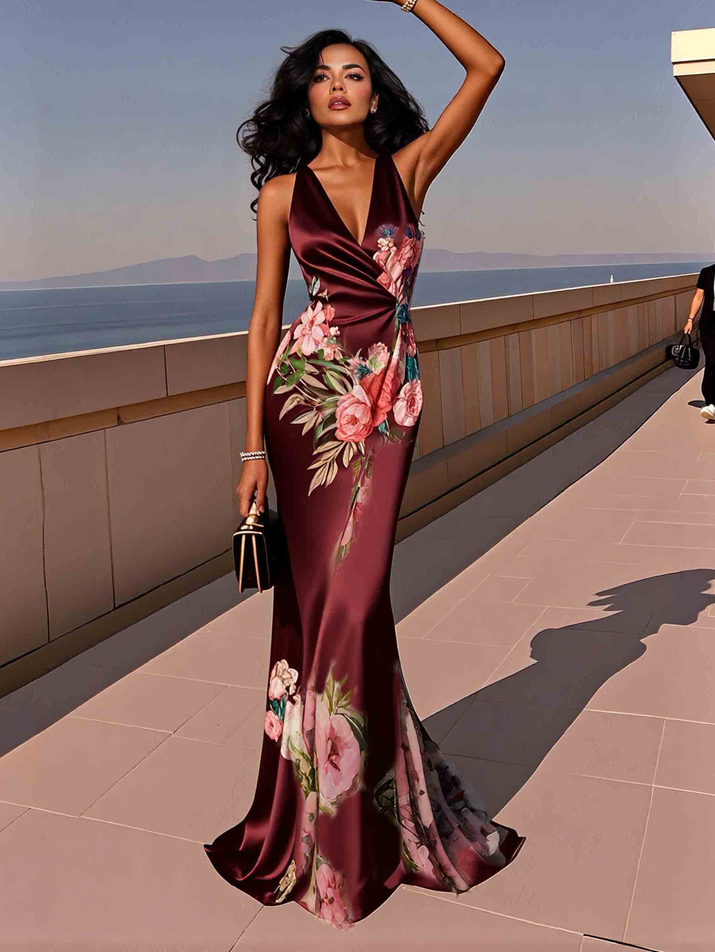 Elegant Floral Print Satin Mermaid Maxi Dress