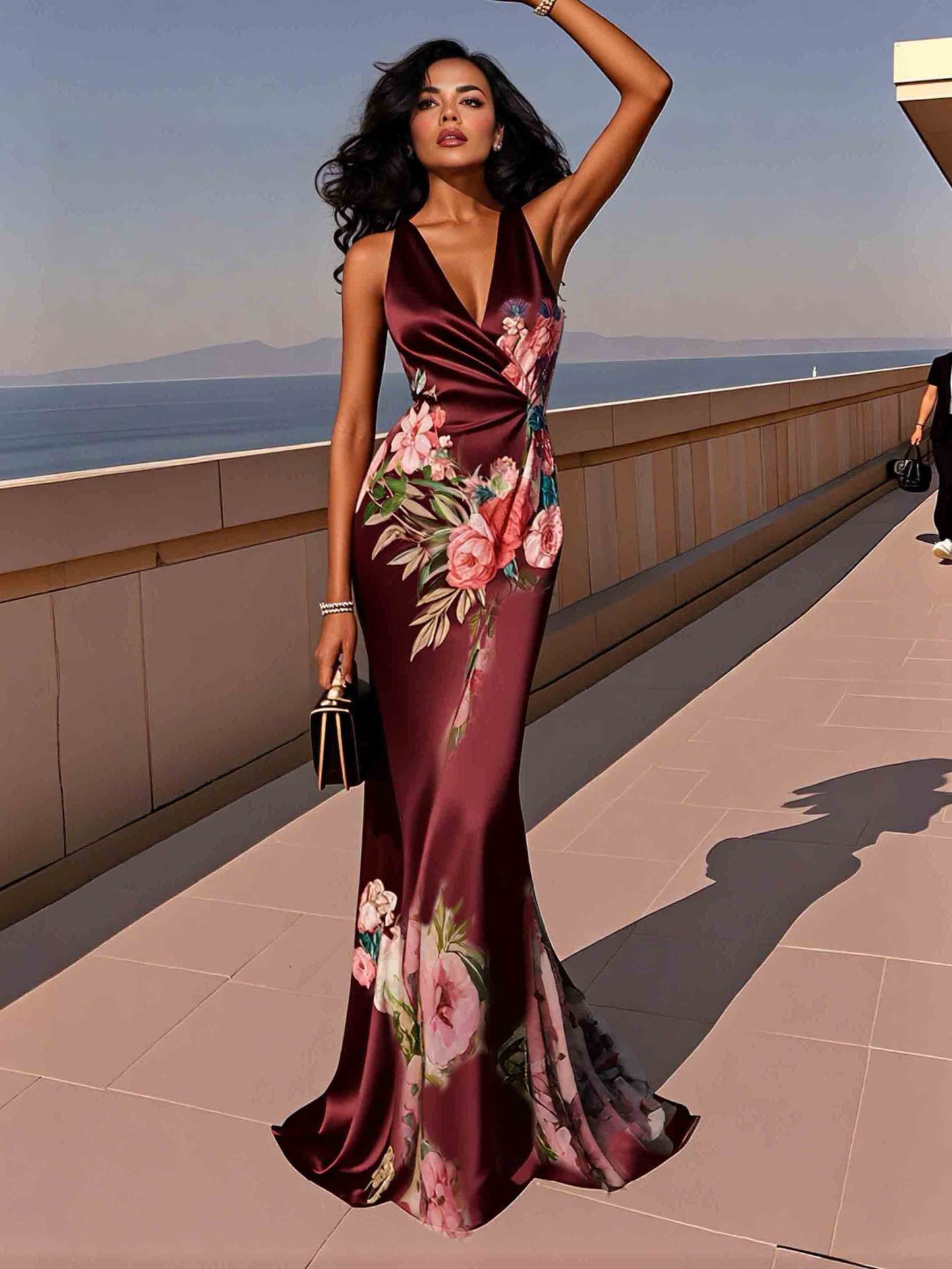 Elegant Floral Print Satin Mermaid Maxi Dress