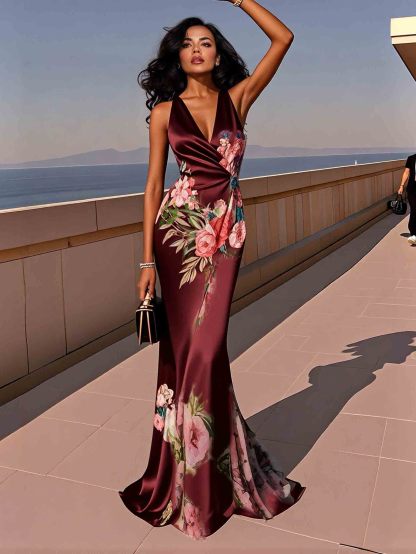 Elegant Floral Print Satin Mermaid Maxi Dress