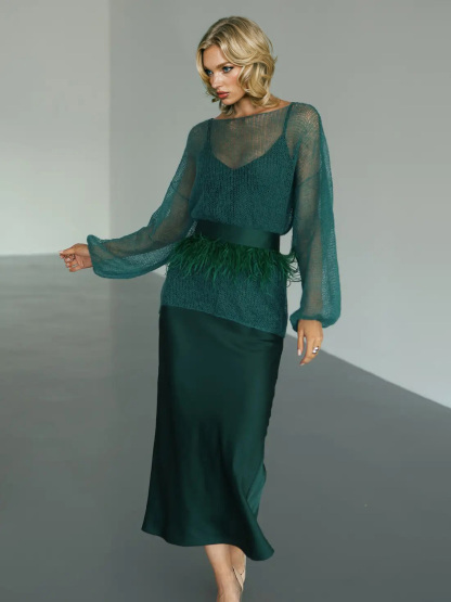 Elegant Openwork Knit Top And Satin Dress Two-piece Set