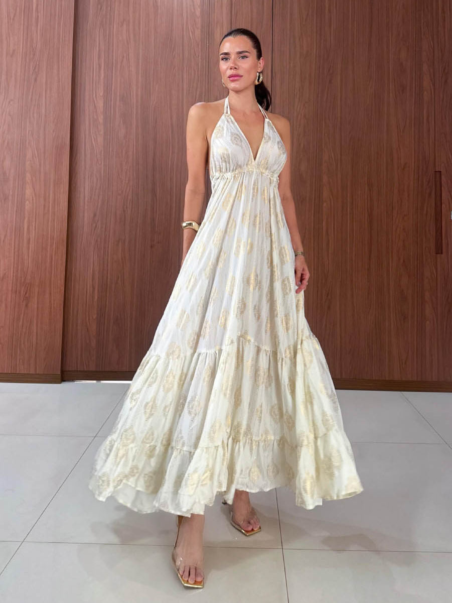 Bohemian Embossed Halter Neck Tiered Maxi Dress