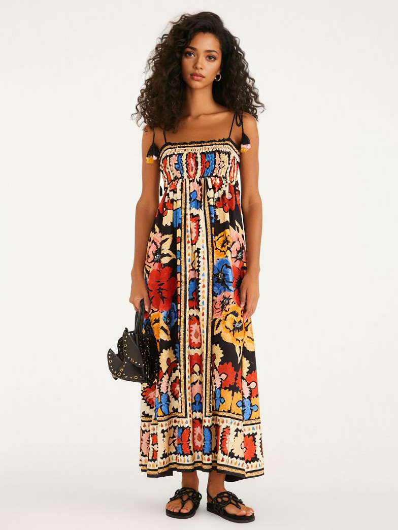 Bohemian Floral Print Smocked Spaghetti Strap Maxi Dress