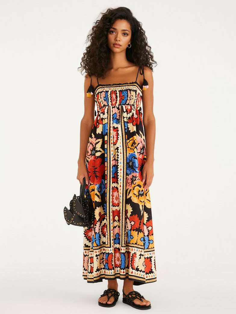 Bohemian Floral Print Smocked Spaghetti Strap Maxi Dress