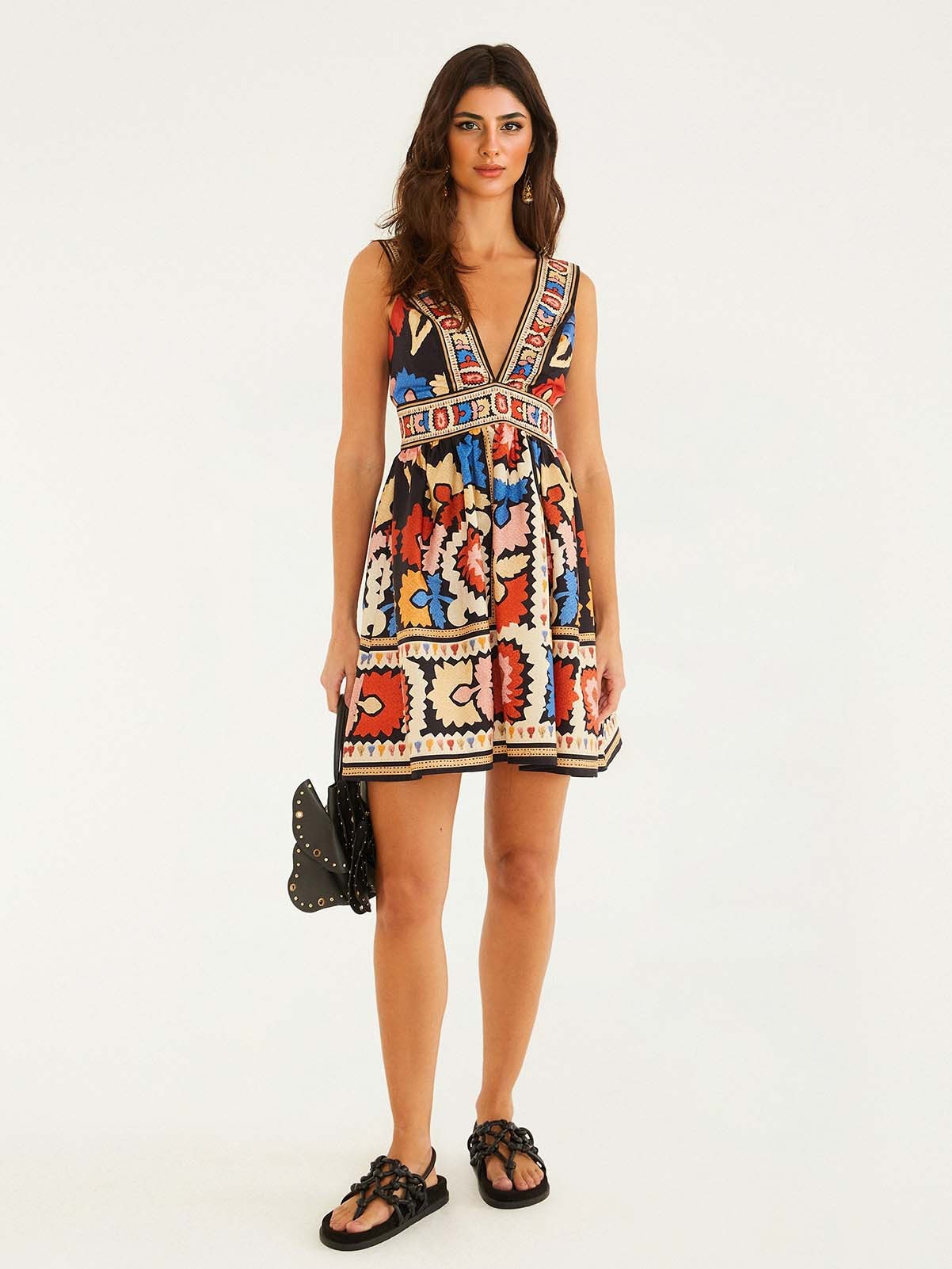 Bohemian Ethnic Print V-Neck Sleeveless Mini Dress