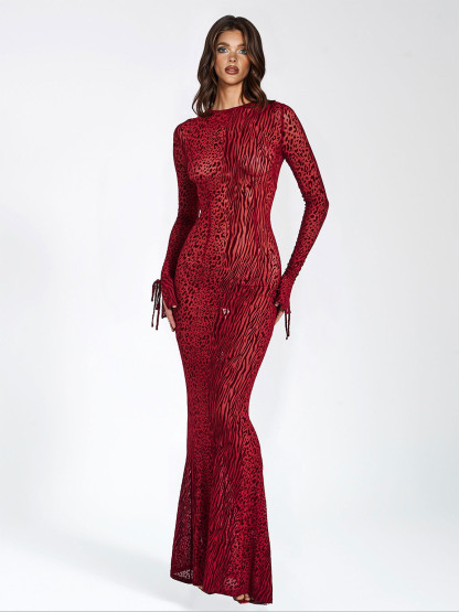 Exquisite Leopard Velvet Mesh Halter Maxi Dress